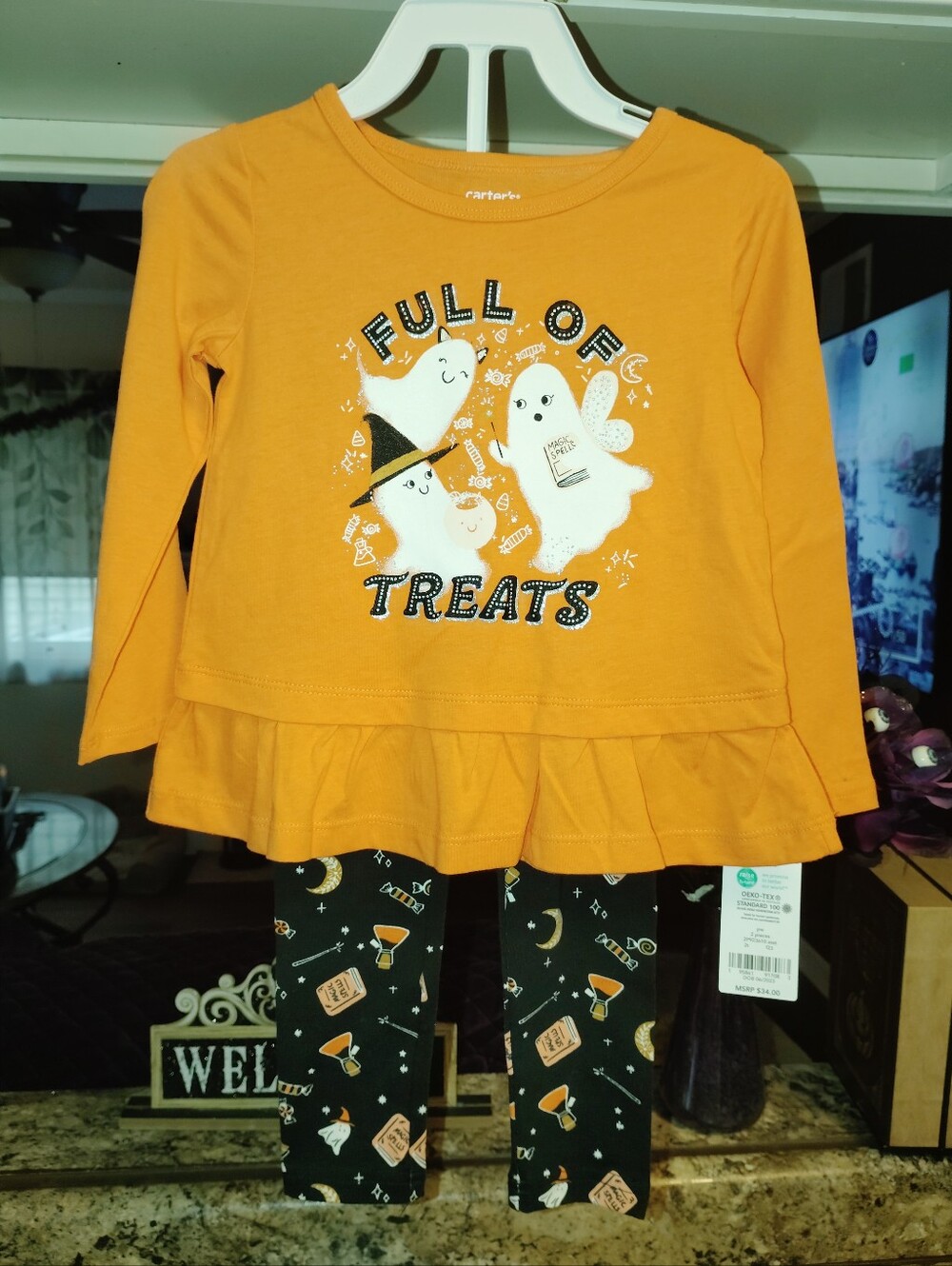 Nwt 3t Carter's Orange 'Full of Treats' Girls Halloween Top & Leggings Set